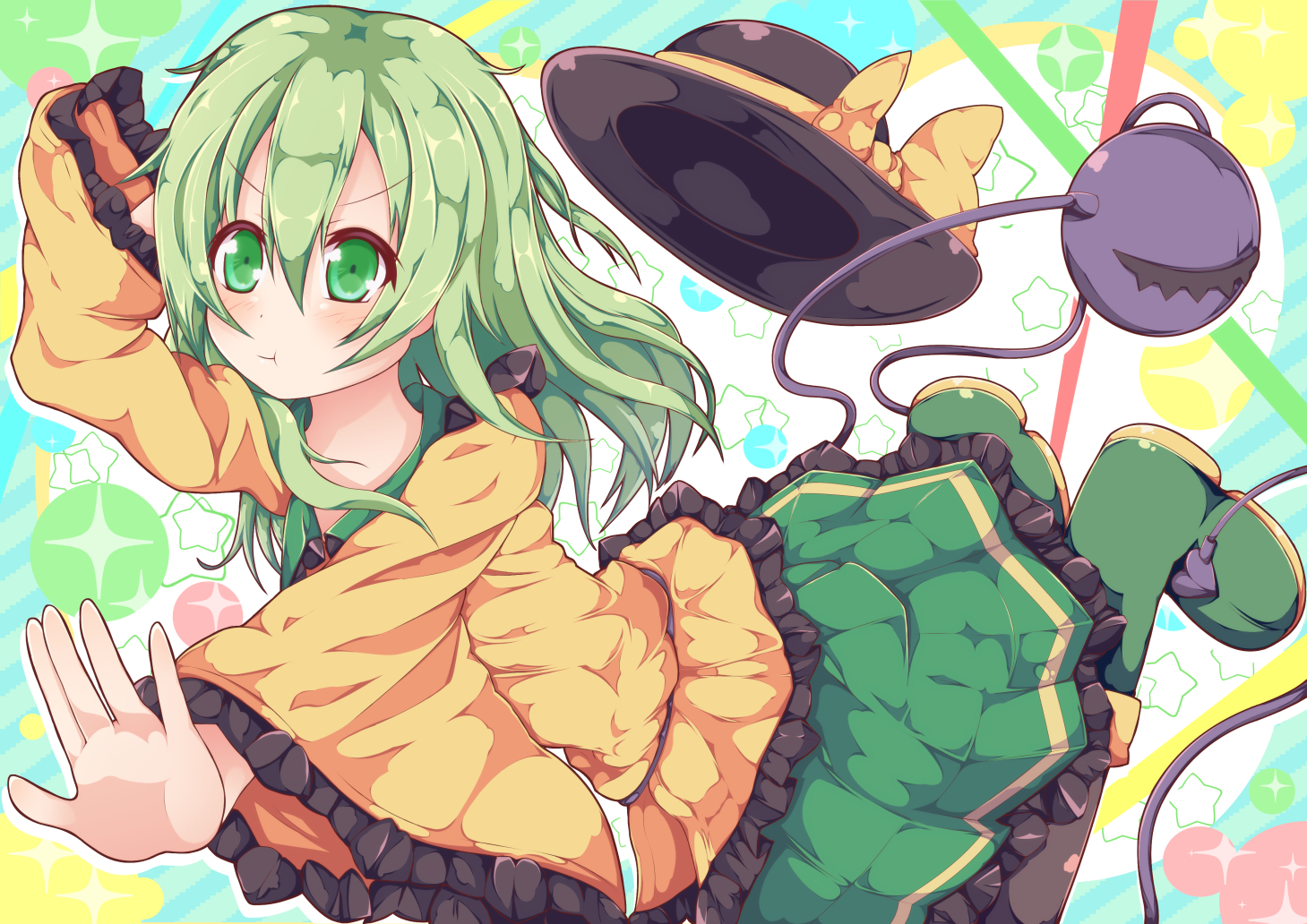 bow, green_eyes, green_hair, hat, kan_lee, komeiji_koishi, long_hair, skirt, touhou