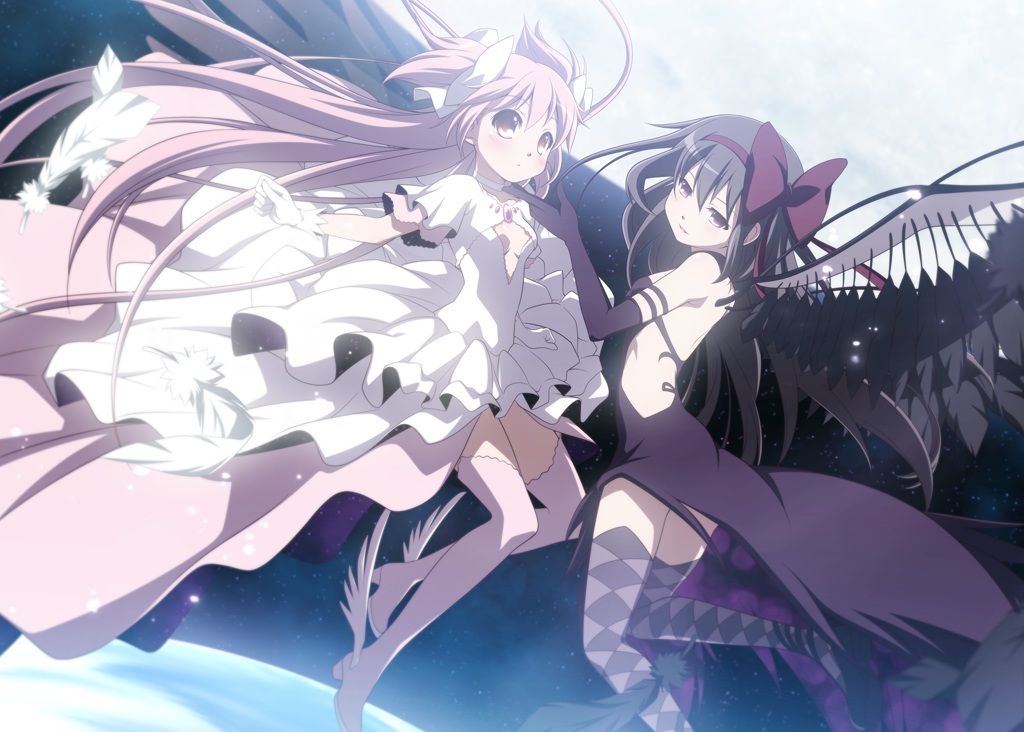 2girls, akemi_homura, akuma_homura, black_hair, bow, brown_eyes, dress, gloves