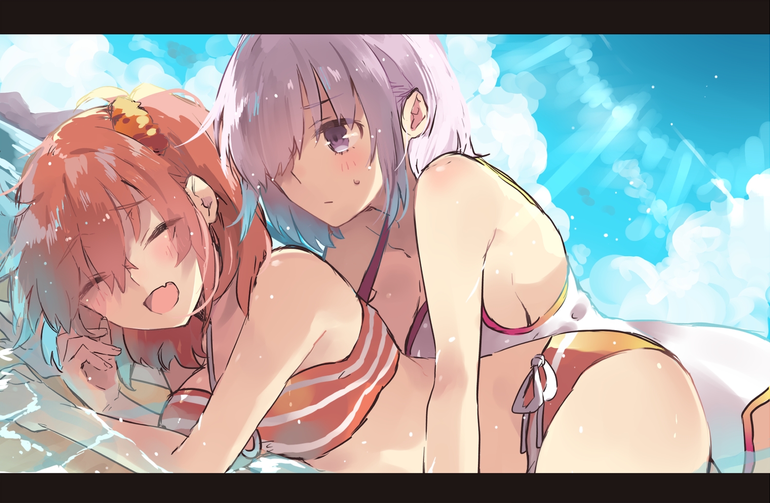 2girls, bikini, clouds, fate/grand_order, fate_(series), fujimaru_ritsuka_(female), ichinosenen, mash_kyrielight