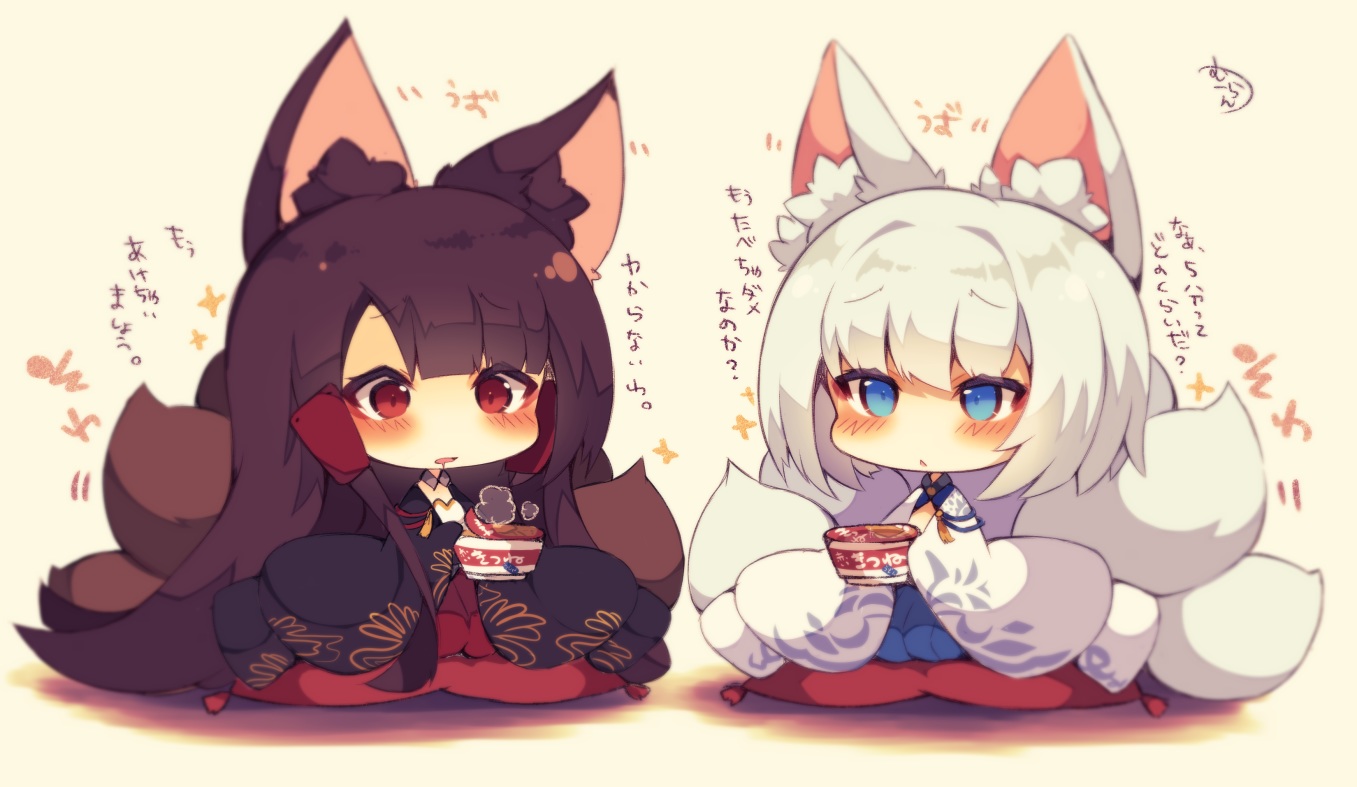 2girls, akagi_(azur_lane), animal_ears, anthropomorphism, aqua_eyes, azur_lane, blue_eyes, blush, brown_hair, chibi, food, foxgirl, japanese_clothes, kaga_(azur_lane), long_hair, multiple_tails, muuran, red_eyes, short_hair, signed, tail, white_hair