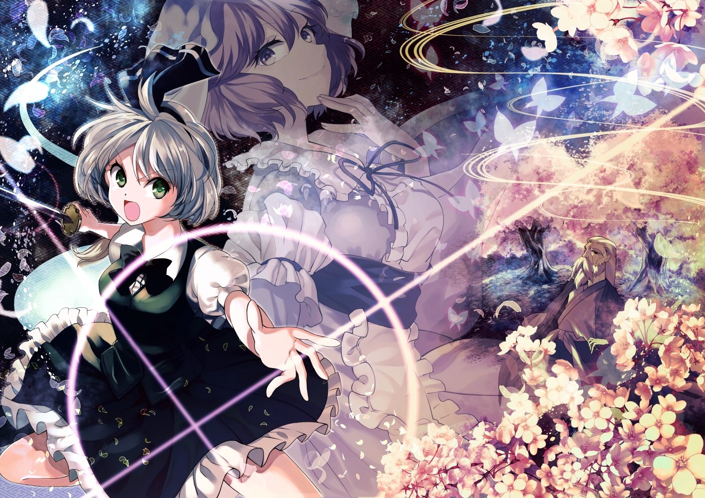 bow, butterfly, flowers, gray_hair, green_eyes, katayama_kei, konpaku_youki, konpaku_youmu