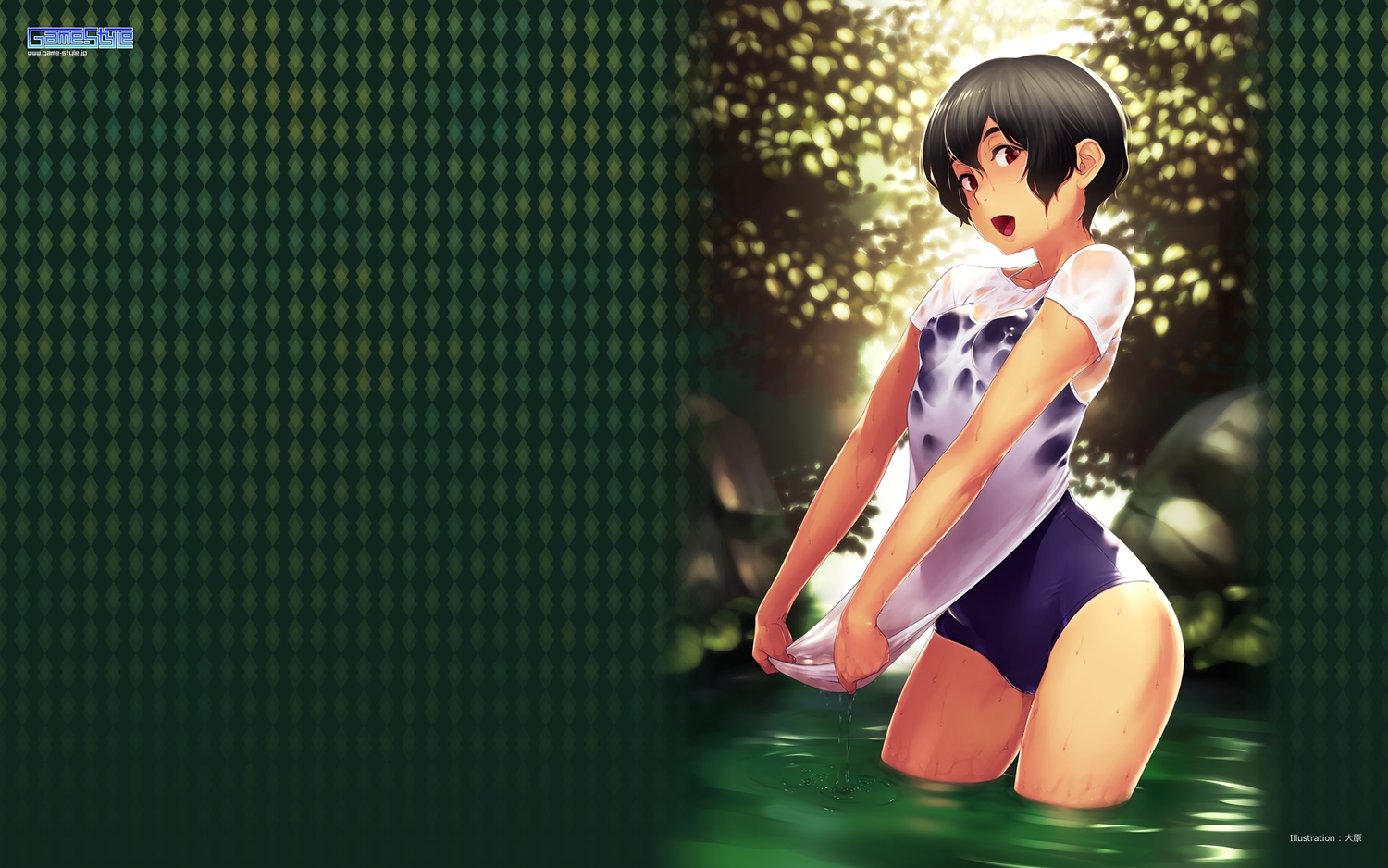 black_hair, cameltoe, erect_nipples, game-style, green, logo, oohara_kyuutarou, red_eyes, school_swimsuit, see_through, short_hair, swimsuit, water, watermark, wet