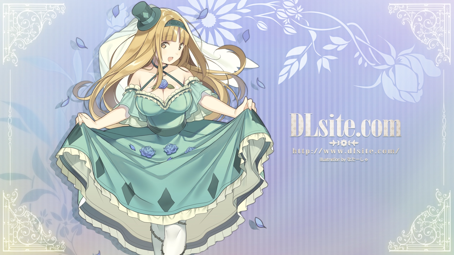 breasts, brown_eyes, brown_hair, cleavage, dille_blood, dlsite.com, dress, hat