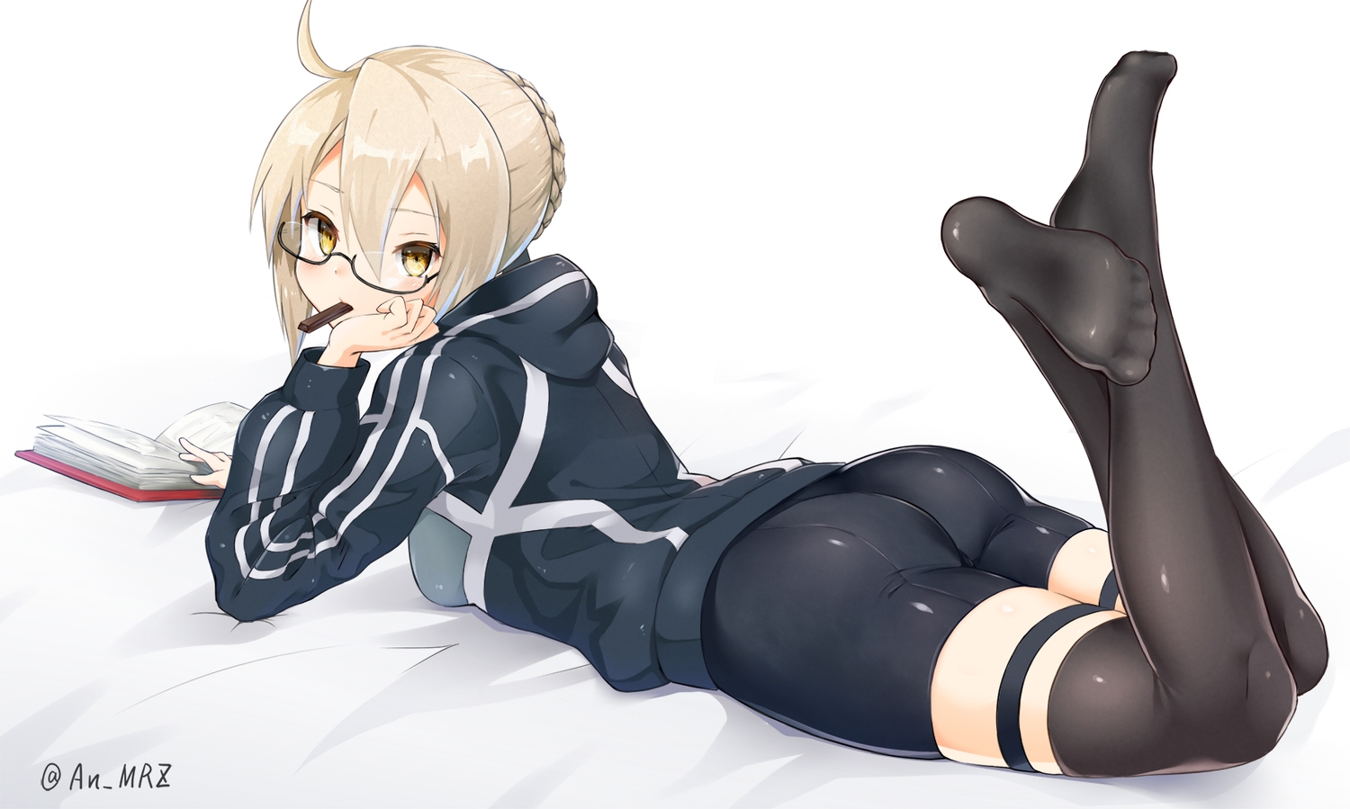 artoria_pendragon_(all), ass, bike_shorts, blonde_hair, book, braids, candy, chocolate