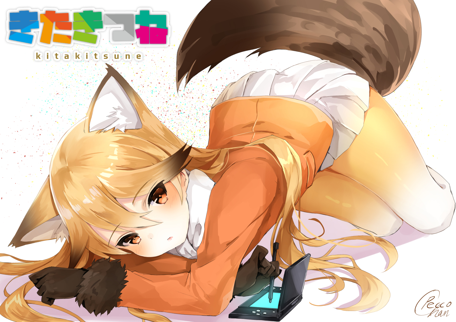 animal_ears, anthropomorphism, blonde_hair, bow, foxgirl, game_console, gloves, kemono_friends