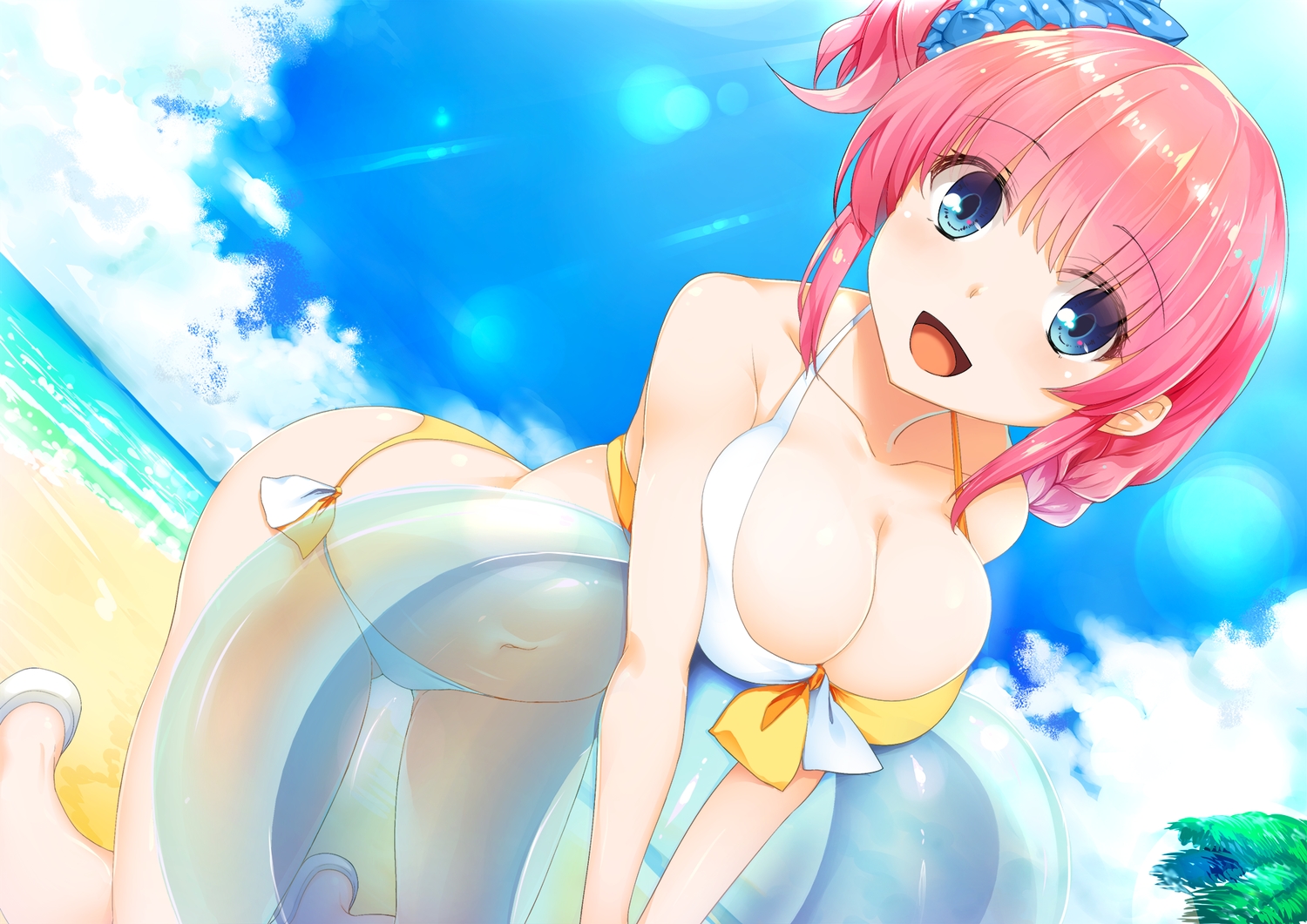 ball, bikini, blue_eyes, braids, breasts, cleavage, clouds, long_hair