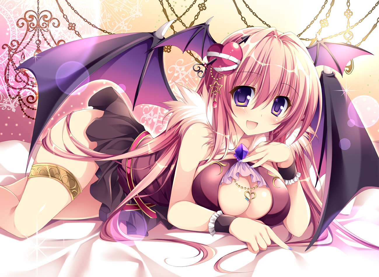 blush, breasts, cleavage, demon, fang, jpeg_artifacts, long_hair, nanaroba_hana