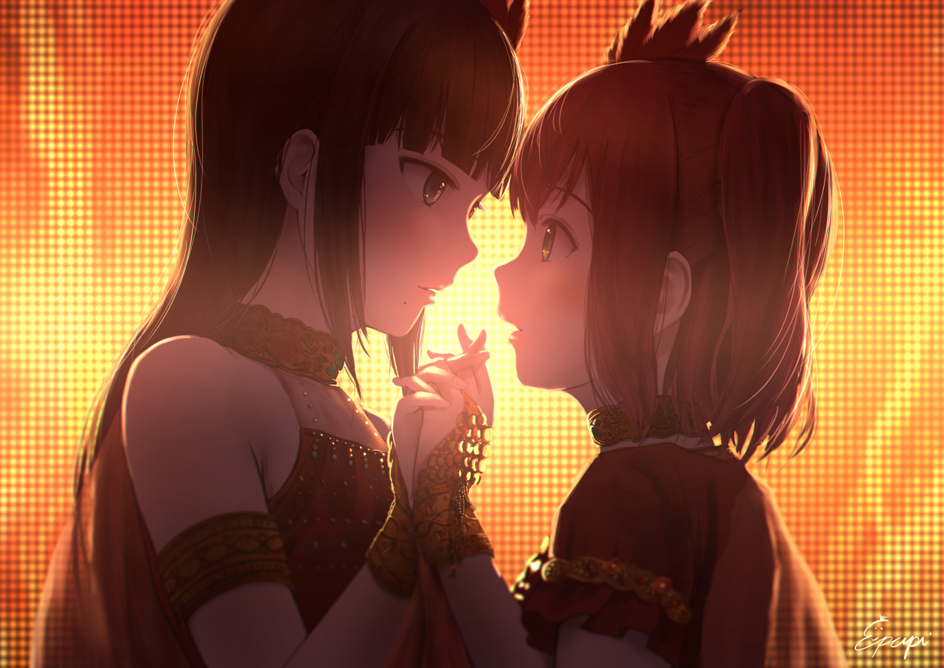 2girls, black_hair, choker, gloves, kurosawa_dia, kurosawa_ruby, long_hair, love_live!_school_idol_project, love_live!_sunshine!!, papi_(papiron100), red_hair, short_hair, shoujo_ai, signed
