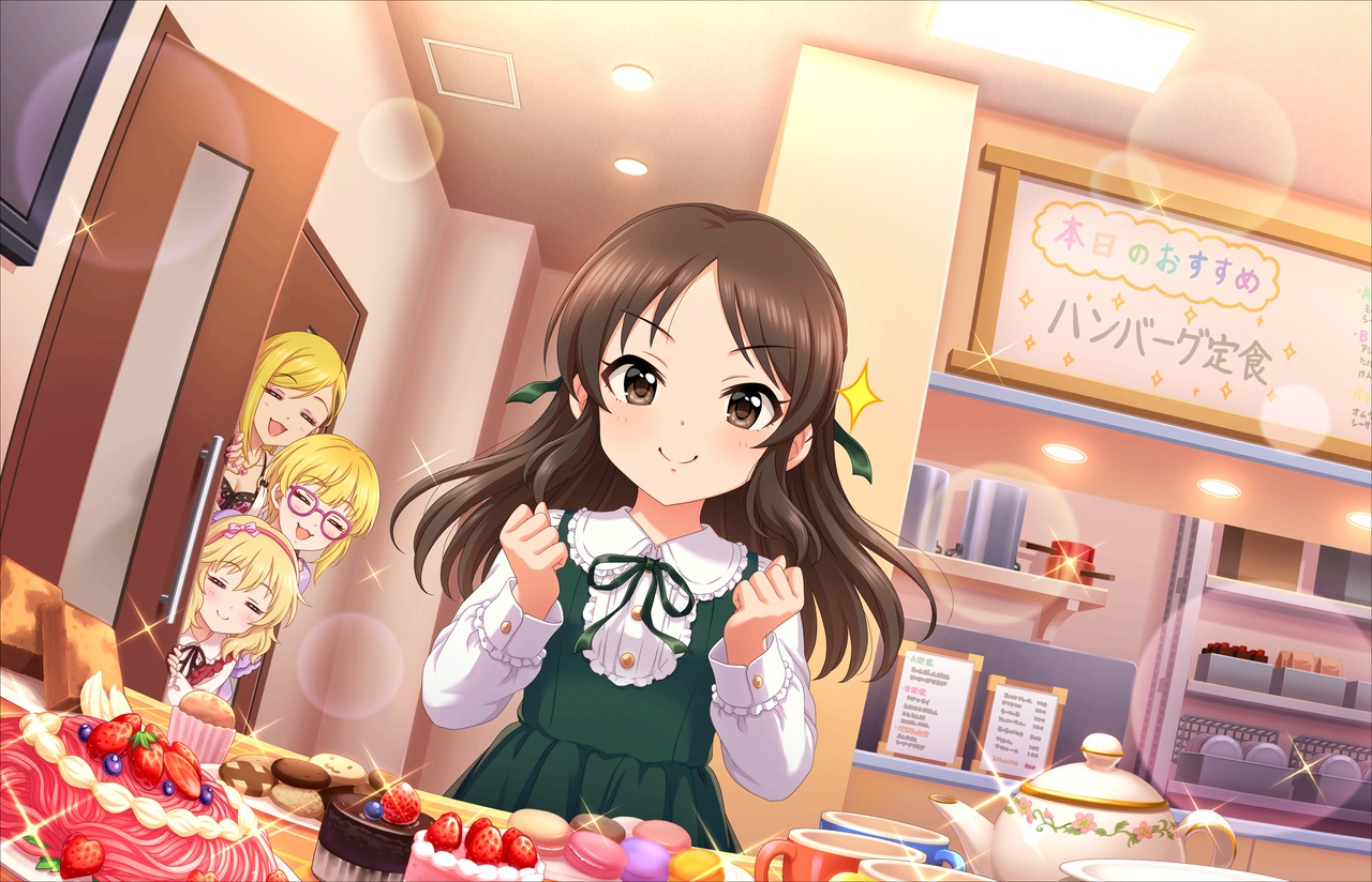 annin_doufu, blonde_hair, brown_hair, cake, dress, drink, food, fruit