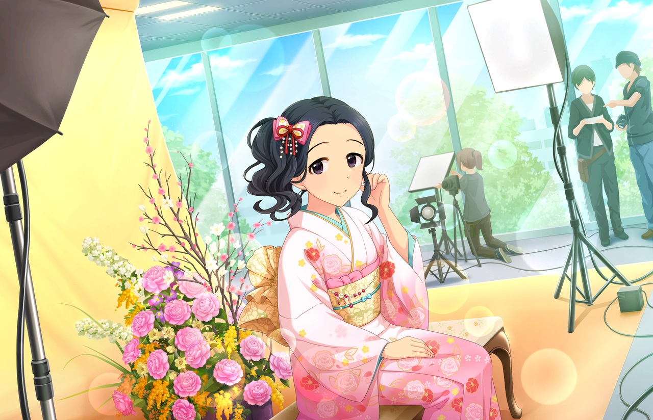 annin_doufu, black_eyes, black_hair, camera, egami_tsubaki, flowers, group, idolmaster, idolmaster_cinderella_girls, idolmaster_cinderella_girls_starlight_stage, japanese_clothes, kimono, male, ponytail, rose