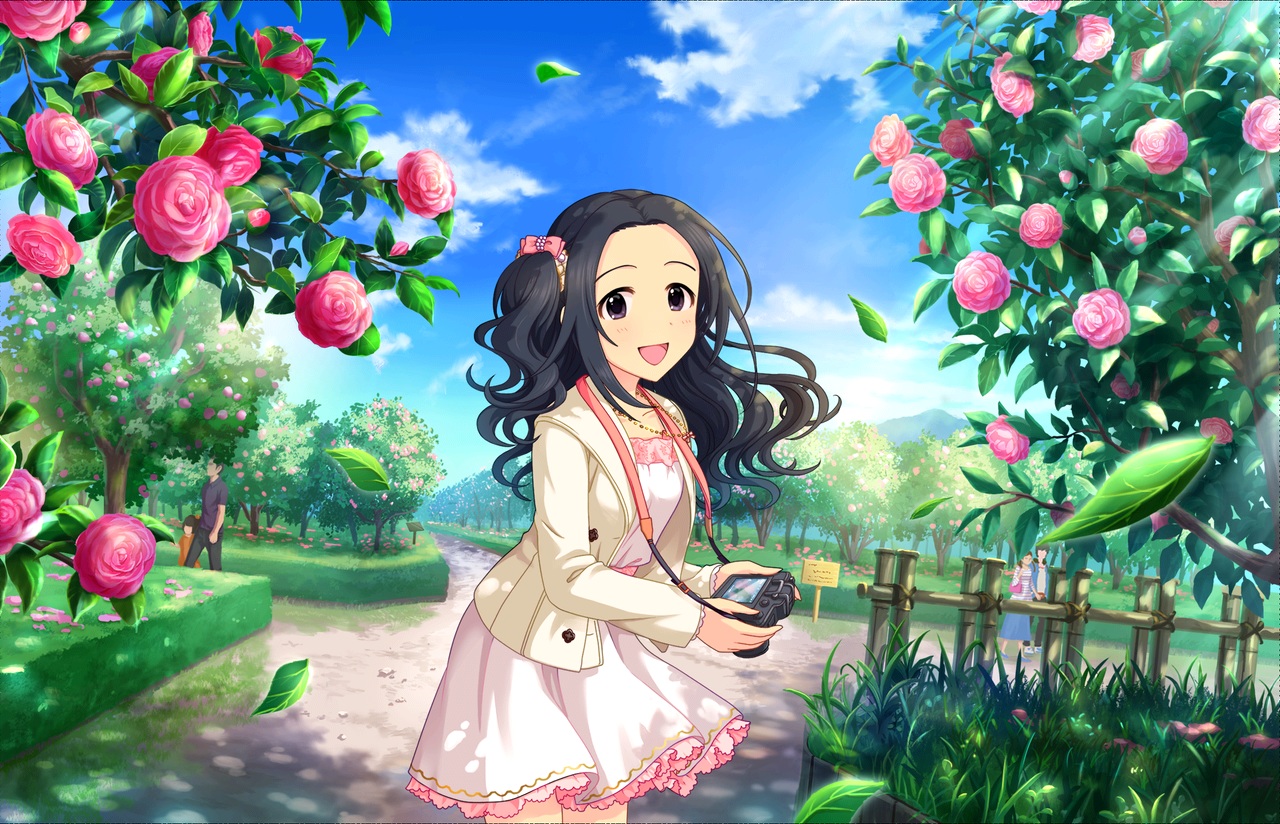 annin_doufu, black_eyes, black_hair, camera, dress, egami_tsubaki, flowers, grass, idolmaster, idolmaster_cinderella_girls, idolmaster_cinderella_girls_starlight_stage, leaves, necklace, park, ponytail, rose
