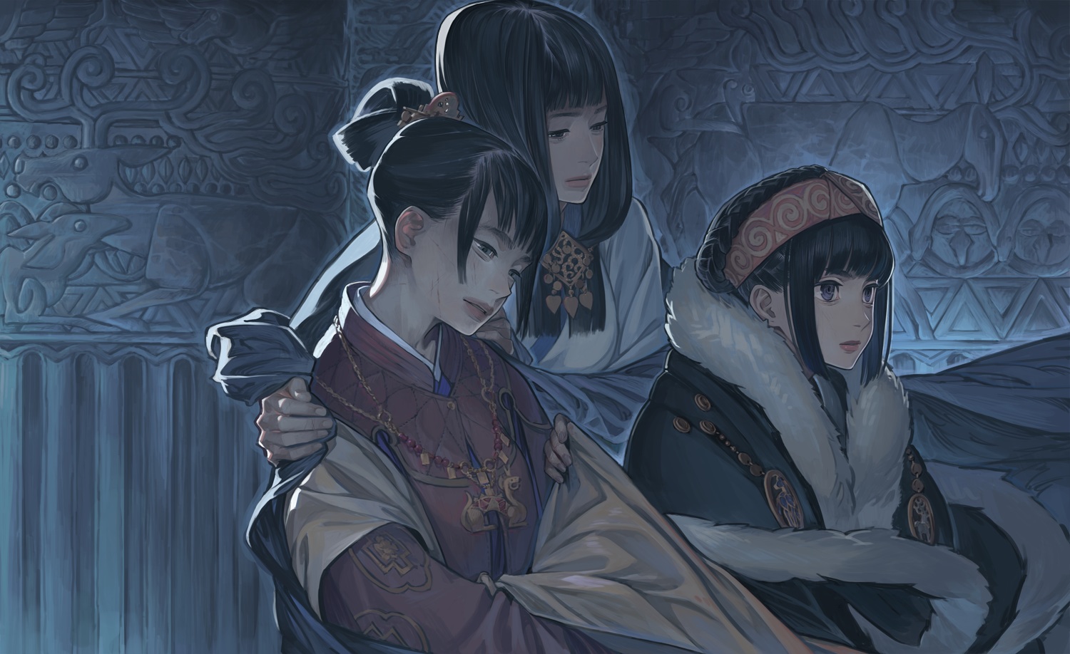 black_eyes, black_hair, braids, cape, dark, headband, necklace, original