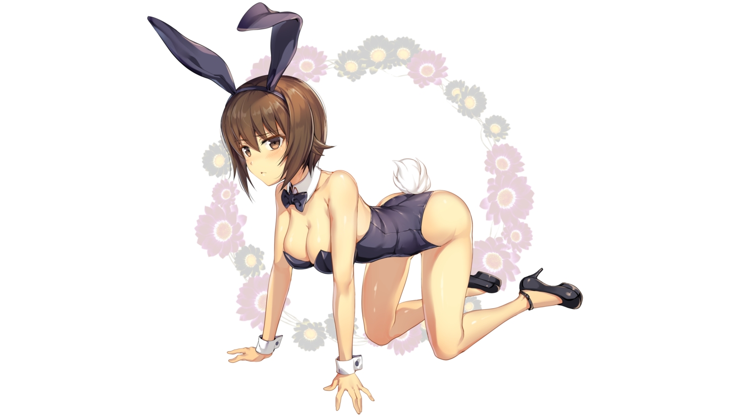 animal_ears, blush, breasts, brown_hair, bunny_ears, bunnygirl, cleavage, flowers