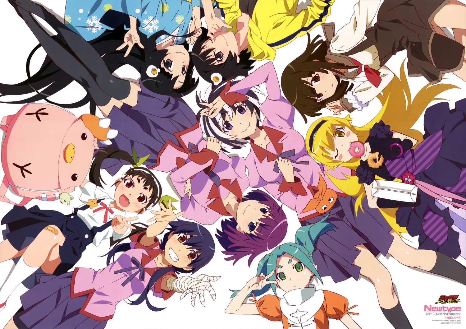 araragi_karen, araragi_tsukihi, bakemonogatari, bandage, bandaid, black_eyes, black_hair, blonde_hair