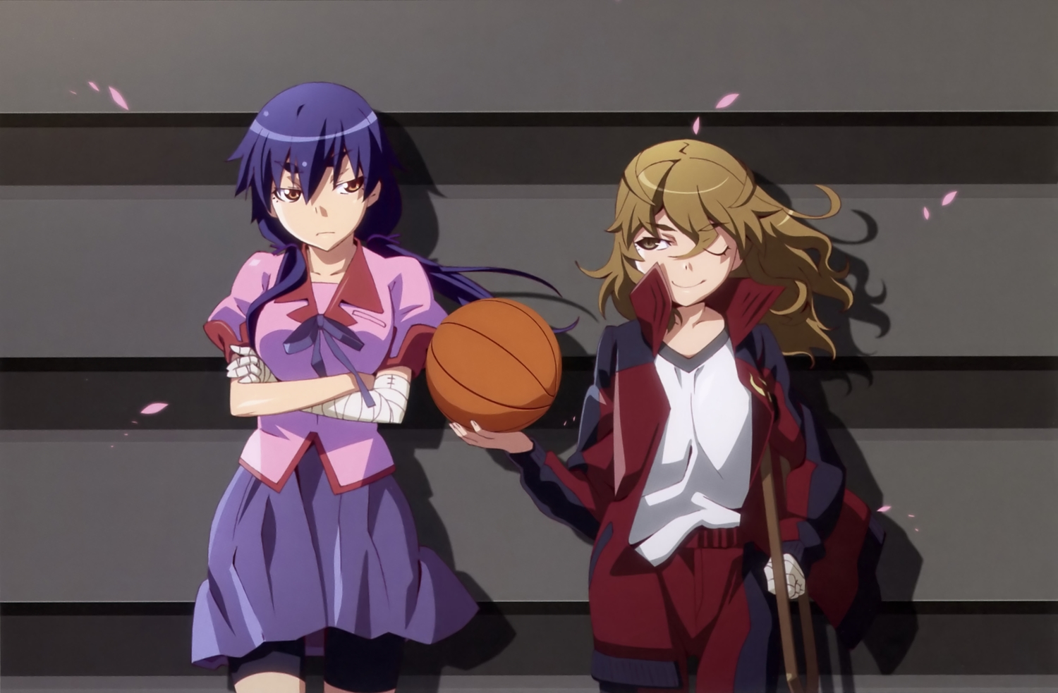 2girls, ball, bandage, basketball, blue_hair, brown_eyes, hanamonogatari, iwasaki_taisuke