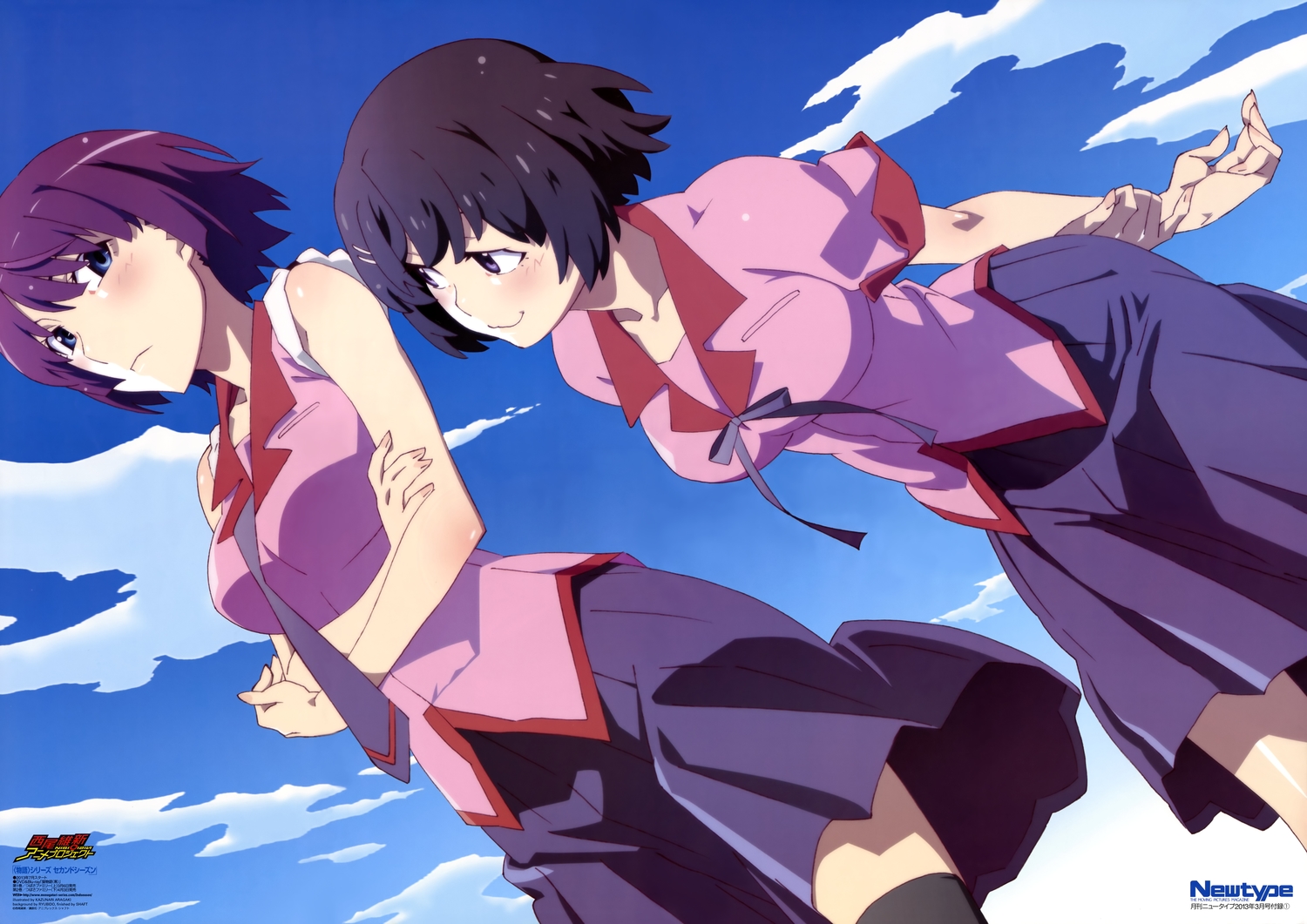 bakemonogatari, black_hair, blue_eyes, blush, breasts, clouds, hanekawa_tsubasa, monogatari_(series)