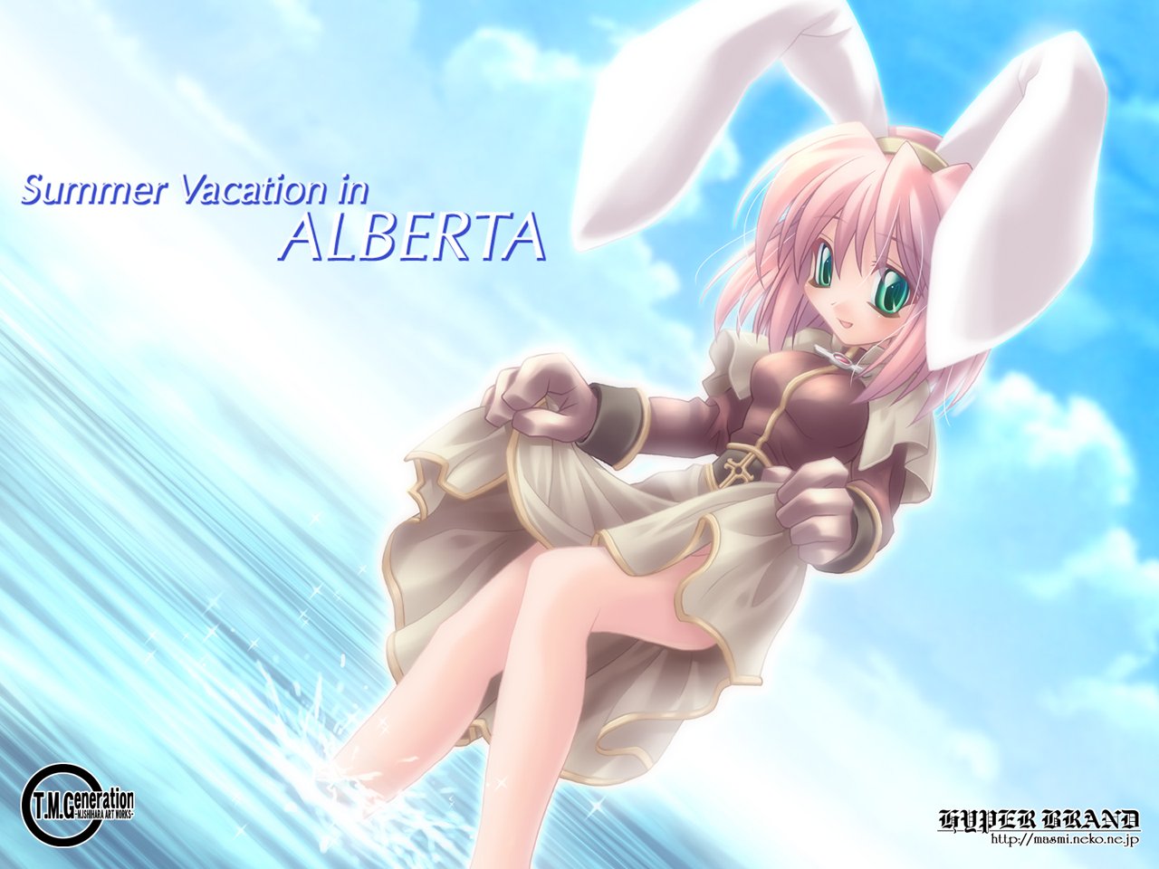 animal_ears, blonde_hair, bunny_ears, bunnygirl, clouds, gloves, green_eyes, ishihara_masumi, jpeg_artifacts, ragnarok_online, short_hair, sky, water, wet
