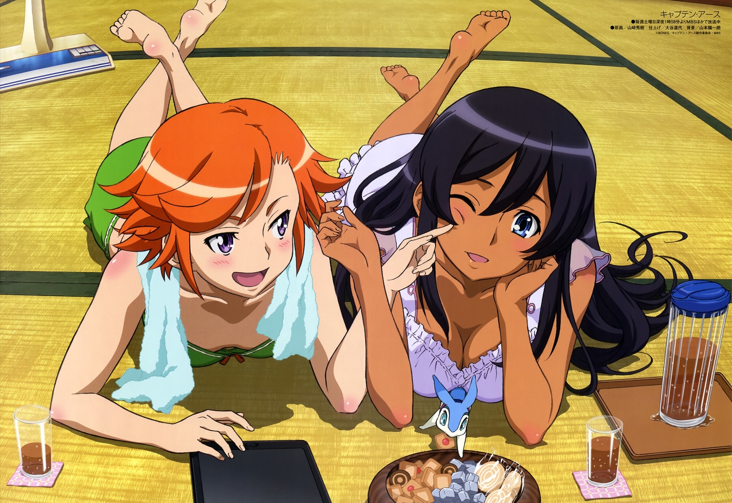 2girls, animal, barefoot, black_hair, blue_eyes, blush, breasts, captain_earth, cleavage, dark_skin, drink, food, long_hair, mutou_hana, no_bra, orange_hair, purple_eyes, scan, short_hair, towel, wink, yamazaki_hideki, yomatsuri_akari