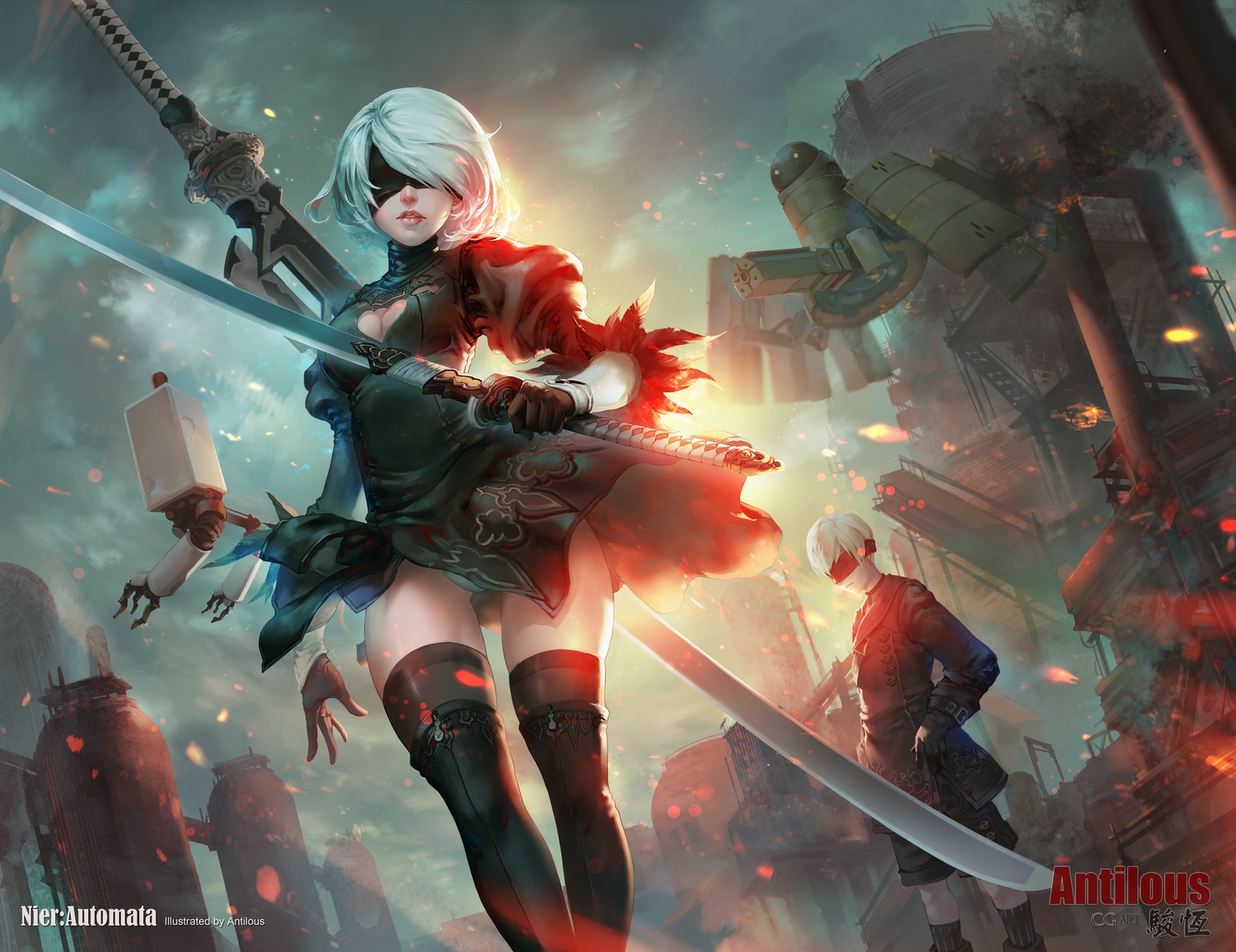 antilous, blindfold, breasts, dress, elbow_gloves, gloves, male, nier, nier:_automata, pod_(nier:_automata), robot, short_hair, shorts, sword, thighhighs, watermark, weapon, white_hair, yorha_unit_no._2_type_b, yorha_unit_no._9_type_s