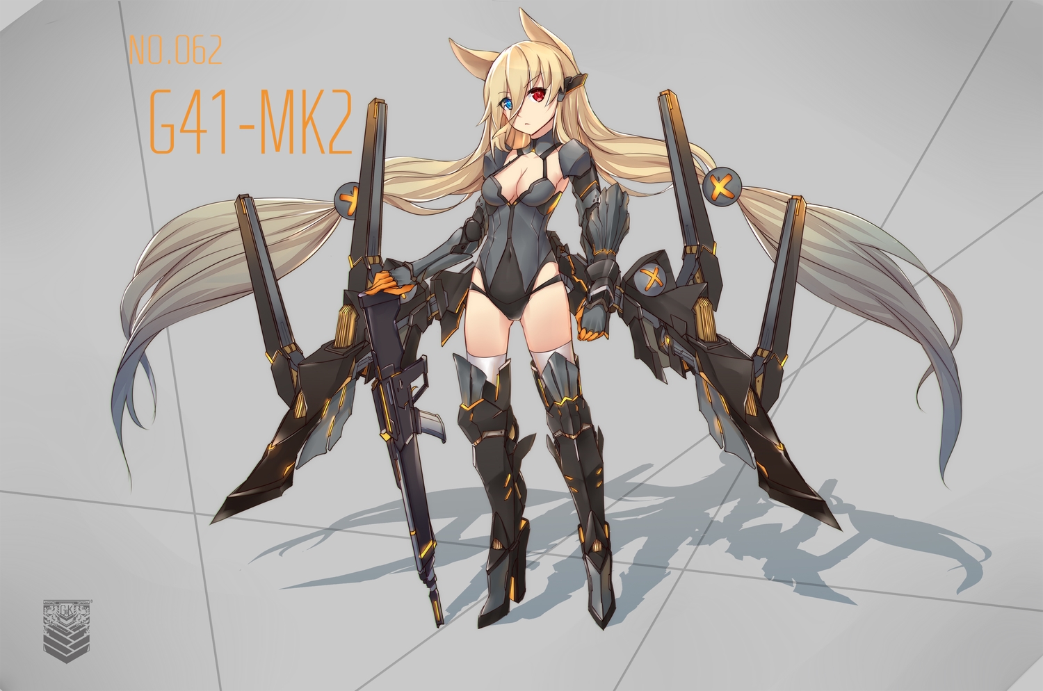 animal_ears, anthropomorphism, armor, bicolored_eyes, blonde_hair, bobo_(6630978), bodysuit, breasts, cleavage, g41_(girls_frontline), girls_frontline, gun, long_hair, mechagirl, thighhighs, twintails, weapon