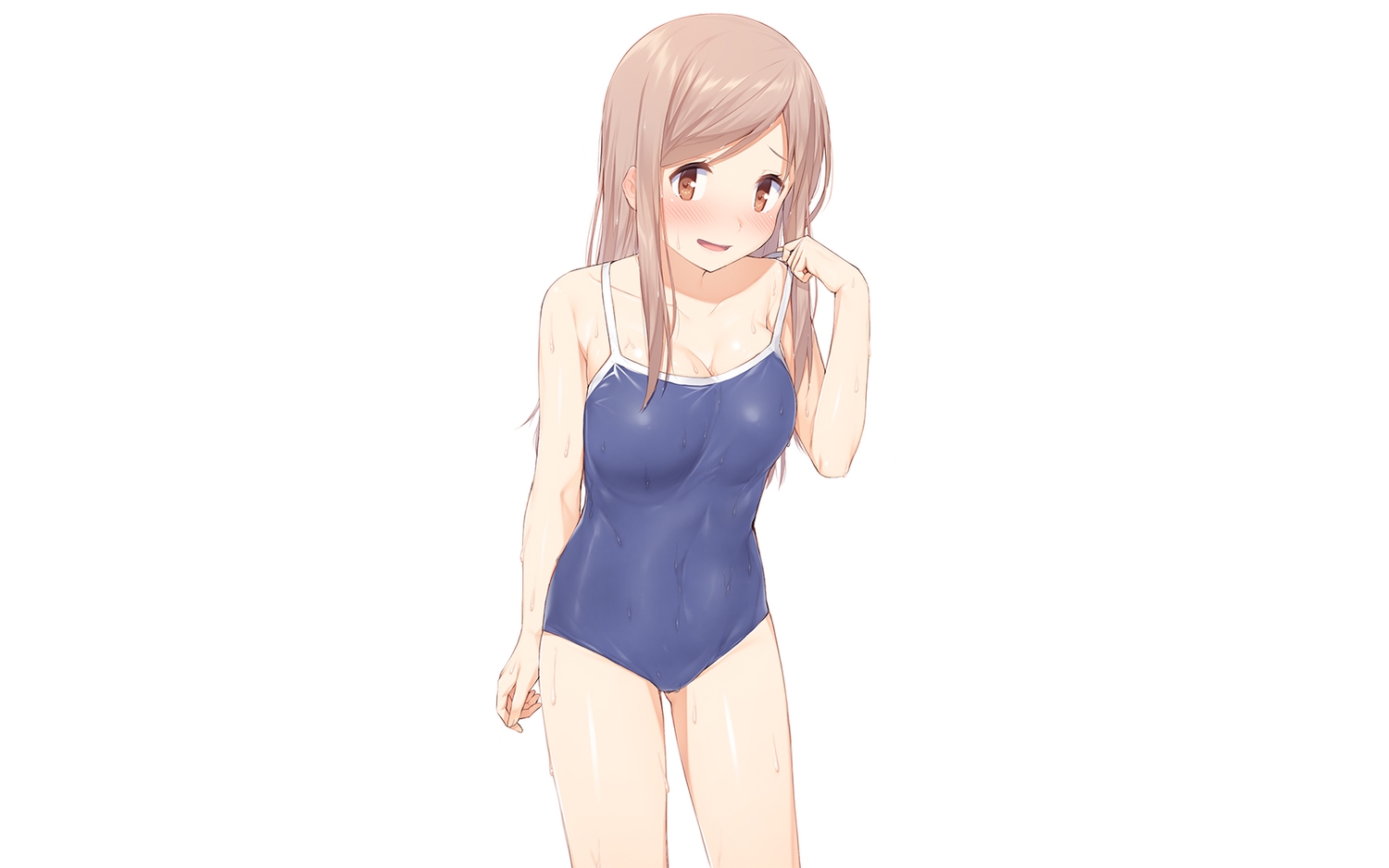 aikawa_chiho, blush, breasts, brown_eyes, brown_hair, cleavage, long_hair, mikazuchi_zeus, school_swimsuit, swimsuit, wet, white, yuyushiki