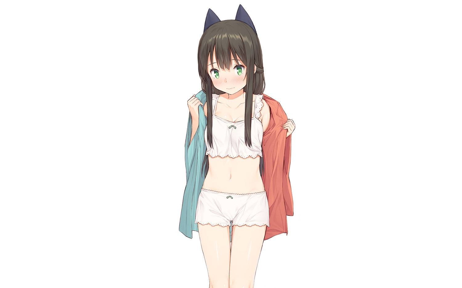 blush, brown_hair, green_eyes, long_hair, mikazuchi_zeus, navel, shorts, tatsumi_kon