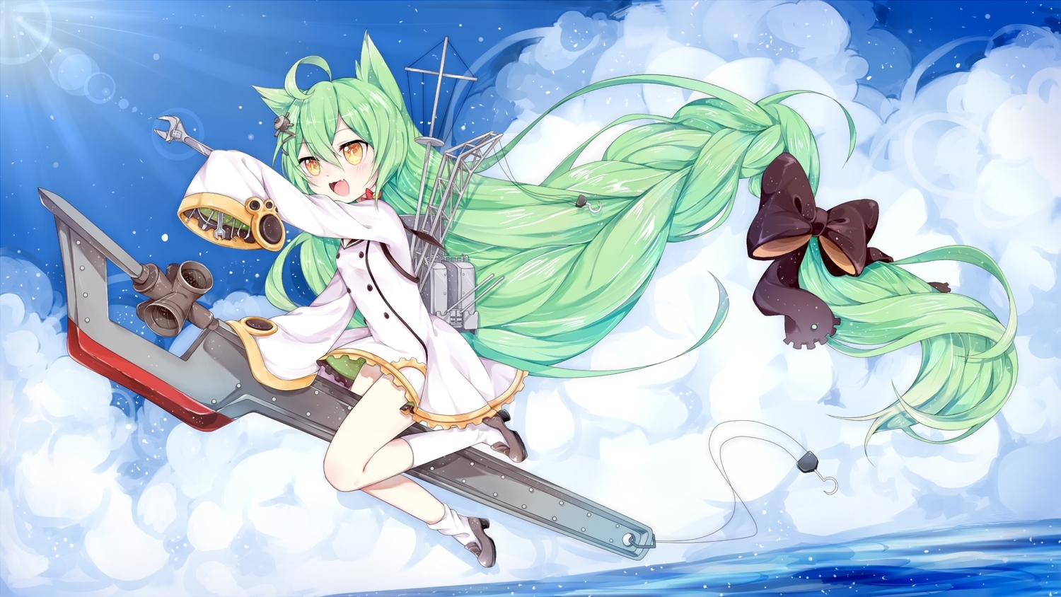 akashi_(azur_lane), animal_ears, anthropomorphism, azur_lane, bow, braids, clouds, dress
