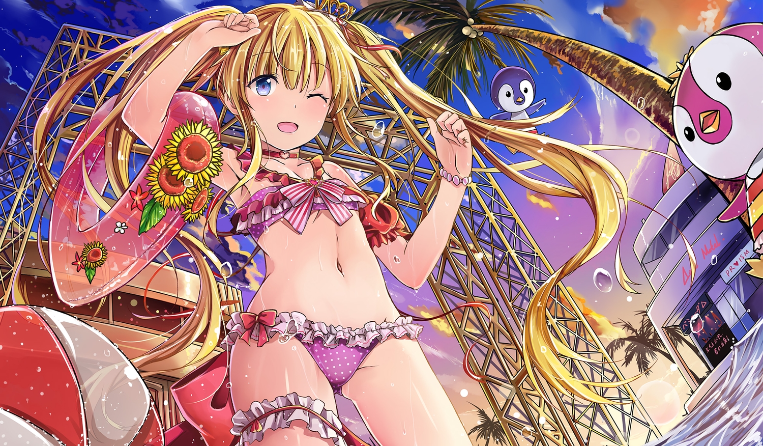 ball, bikini, blonde_hair, blue_eyes, cardfight!!_vanguard, clouds, flowers, garter