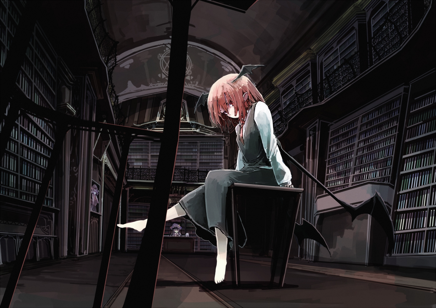 barefoot, book, demon, dress, futatsuki_eru, horns, koakuma, long_hair, patchouli_knowledge, pointed_ears, red_eyes, red_hair, remilia_scarlet, touhou, wings