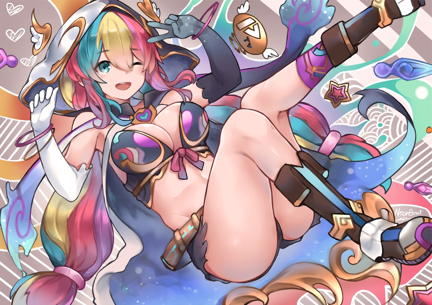 blonde_hair, blue_eyes, bow, cape, elbow_gloves, gloves, green_hair, long_hair, mimi_(picarto.tv), neonbeat, picarto.tv, purple_hair, red_hair, twintails