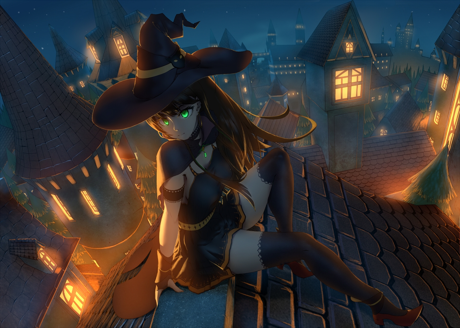 breasts, brown_hair, building, cape, city, gloves, green_eyes, halloween, hat, idolmaster, idolmaster_cinderella_girls, jay_zhang, long_hair, night, scenic, shibuya_rin, thighhighs, witch, witch_hat