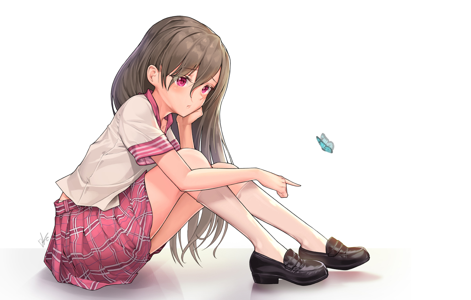 brown_hair, butterfly, kneehighs, lee_seok_ho, long_hair, original, pink_eyes, school_uniform