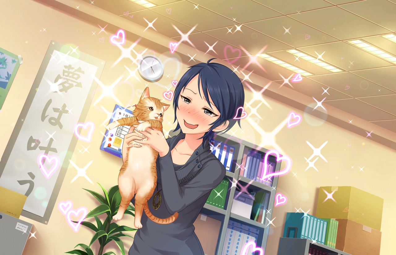 animal, annin_doufu, black_hair, blush, cat, gray_eyes, heart, idolmaster