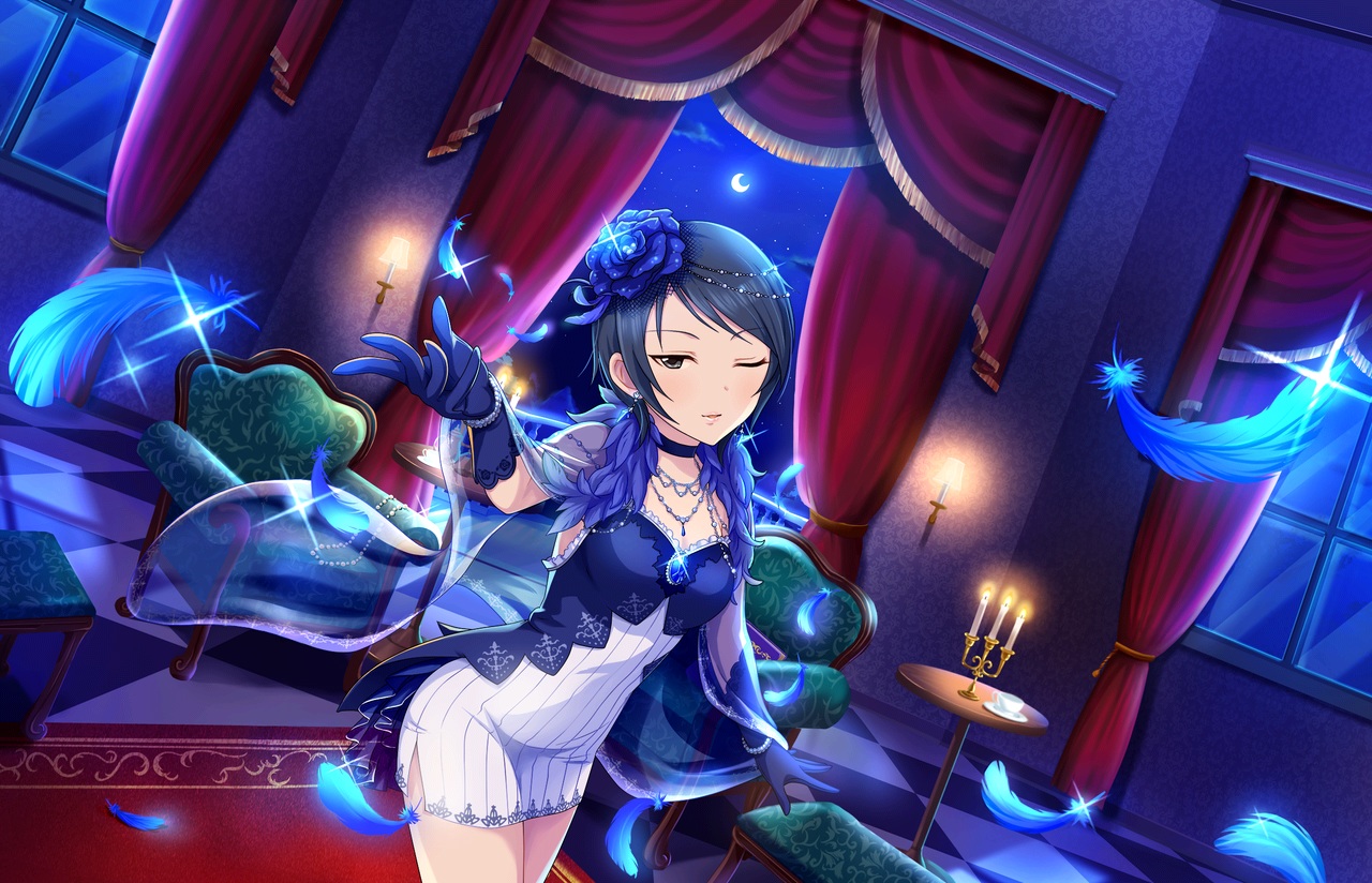 annin_doufu, black_hair, cape, choker, dress, elbow_gloves, feathers, gloves, gray_eyes, headdress, idolmaster, idolmaster_cinderella_girls, idolmaster_cinderella_girls_starlight_stage, moon, necklace, night, short_hair, wakui_rumi, wink, wristwear