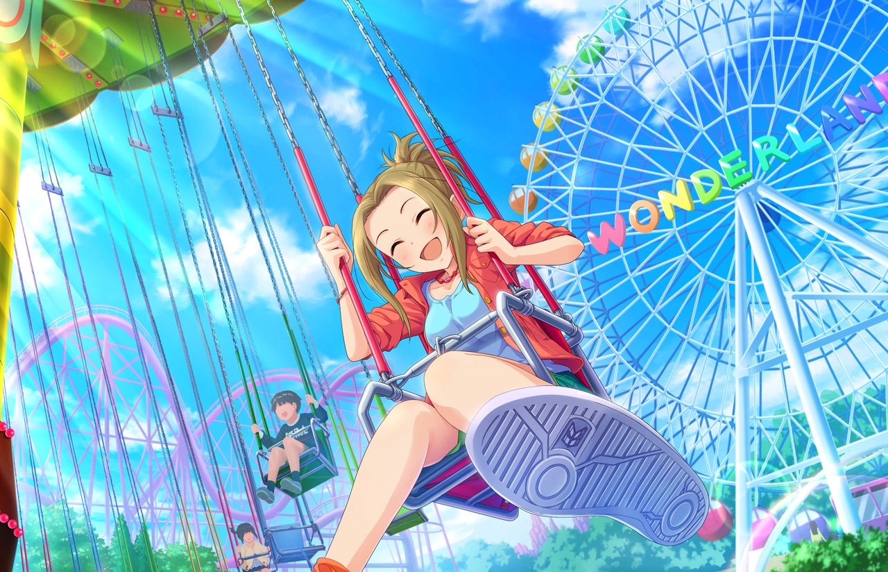 annin_doufu, brown_hair, clouds, idolmaster, idolmaster_cinderella_girls, idolmaster_cinderella_girls_starlight_stage, manabe_itsuki, necklace, sky