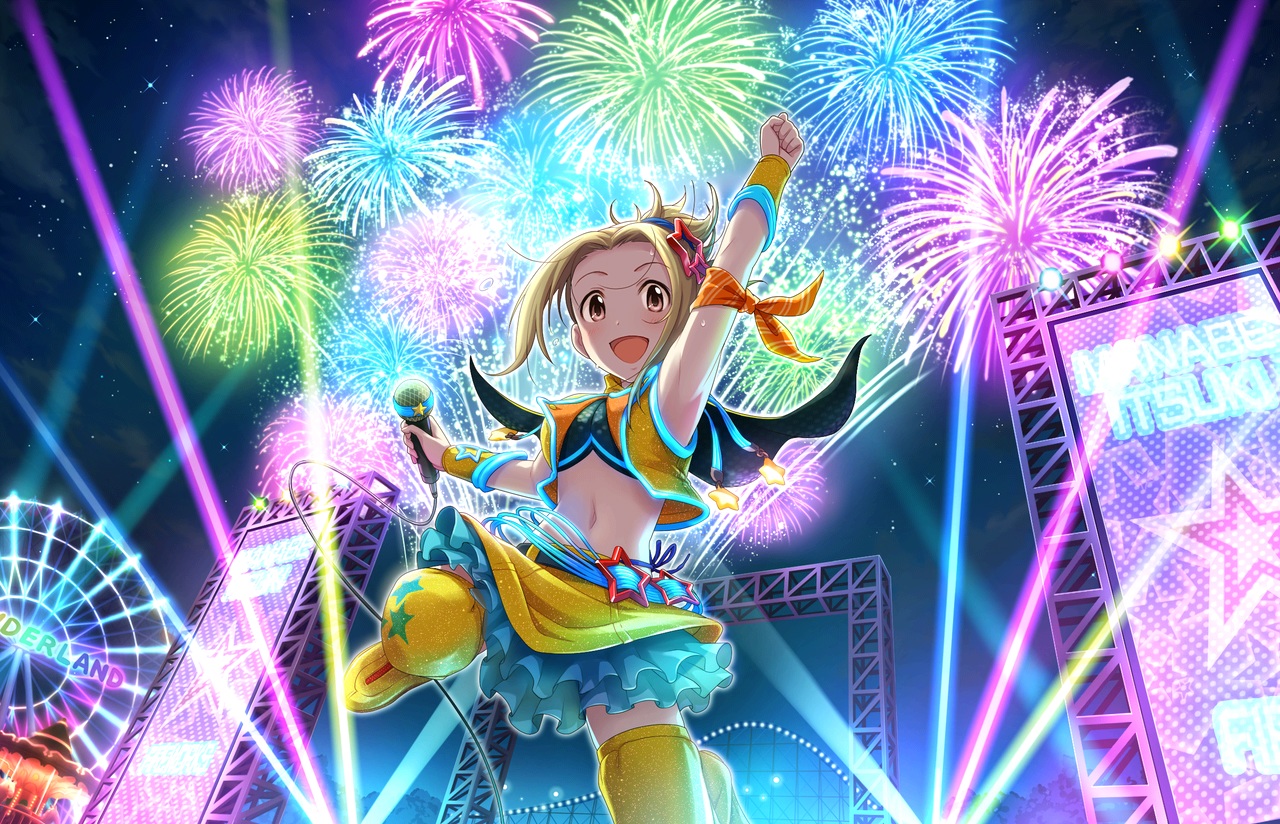 annin_doufu, brown_eyes, brown_hair, cape, fireworks, idolmaster, idolmaster_cinderella_girls, idolmaster_cinderella_girls_starlight_stage, manabe_itsuki, microphone, navel, night, skirt, stars, thighhighs, wristwear
