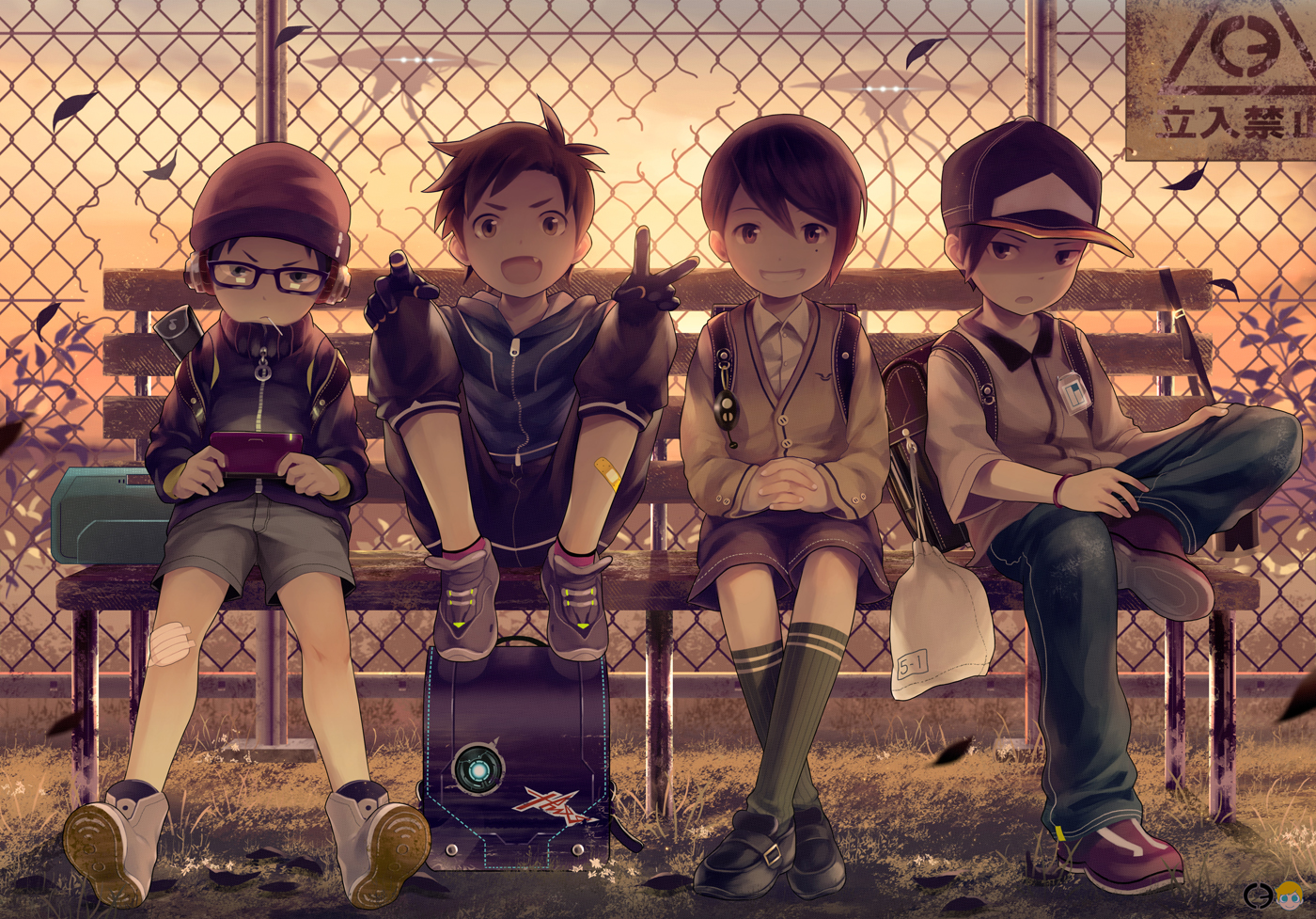 all_male, brown_eyes, brown_hair, elbow_gloves, game_console, glasses, gloves, group