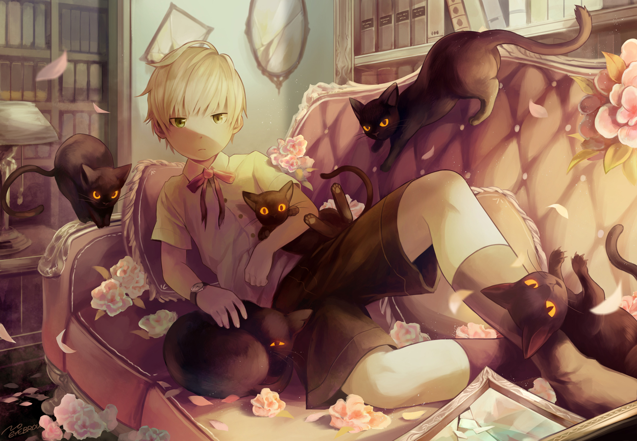 all_male, animal, blonde_hair, book, cat, flowers, green_eyes, male