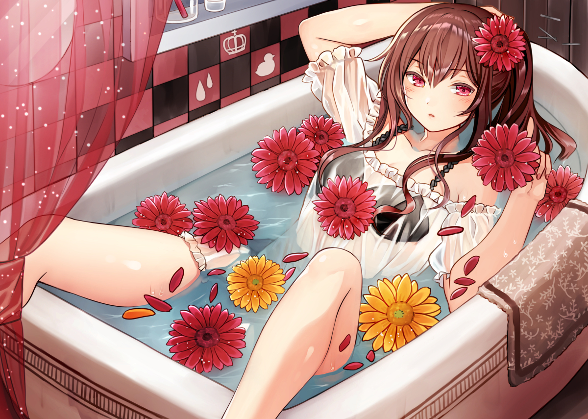 bath, bathtub, bikini_top, brown_hair, dress, flowers, kurata_rine, long_hair