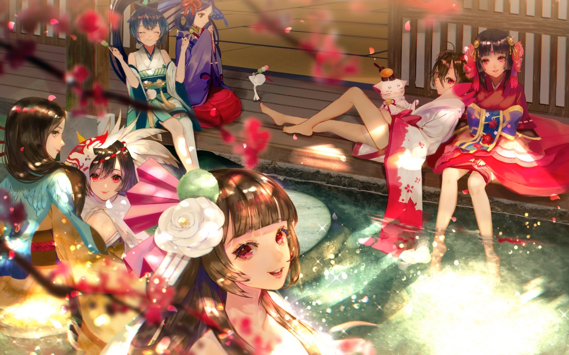 animal_ears, aqua_eyes, barefoot, black_hair, brown_hair, ebisu_(onmyouji), flowers, food