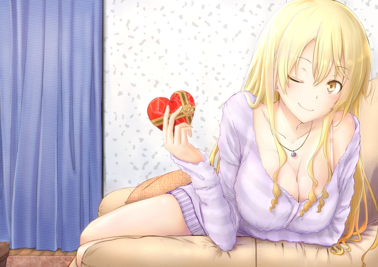 blonde_hair, breasts, cleavage, long_hair, miura_yumiko, necklace, nentuschi, valentine, wink, yahari_ore_no_seishun_love_come_wa_machigatteiru., yellow_eyes