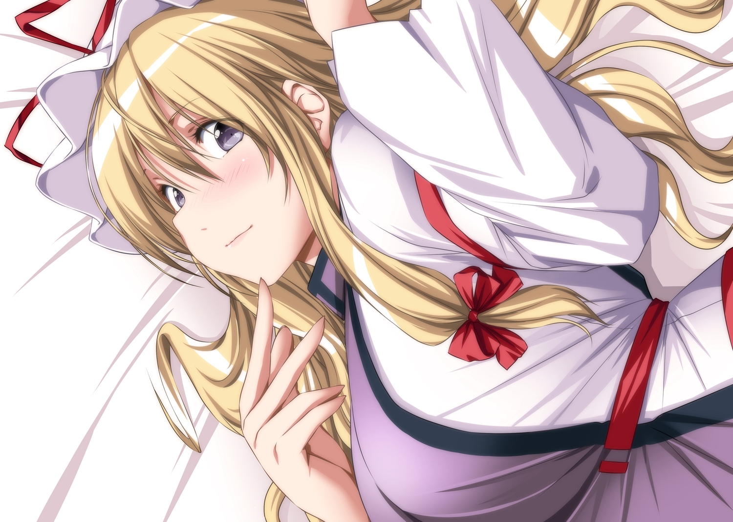 bed, blonde_hair, blush, close, gray_eyes, hat, long_hair, nori_tamago
