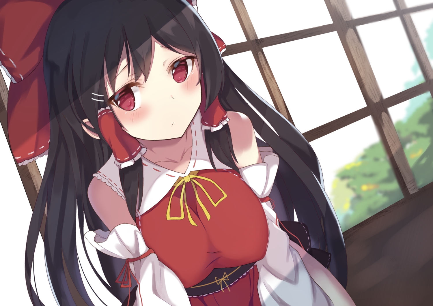 black_hair, blush, hakurei_reimu, japanese_clothes, kogalashi, long_hair, miko, red_eyes, touhou