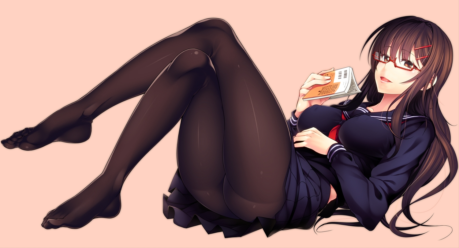 846-gou, book, brown_hair, erect_nipples, glasses, long_hair, original, pantyhose, red_eyes, school_uniform, skirt, third-party_edit, tie