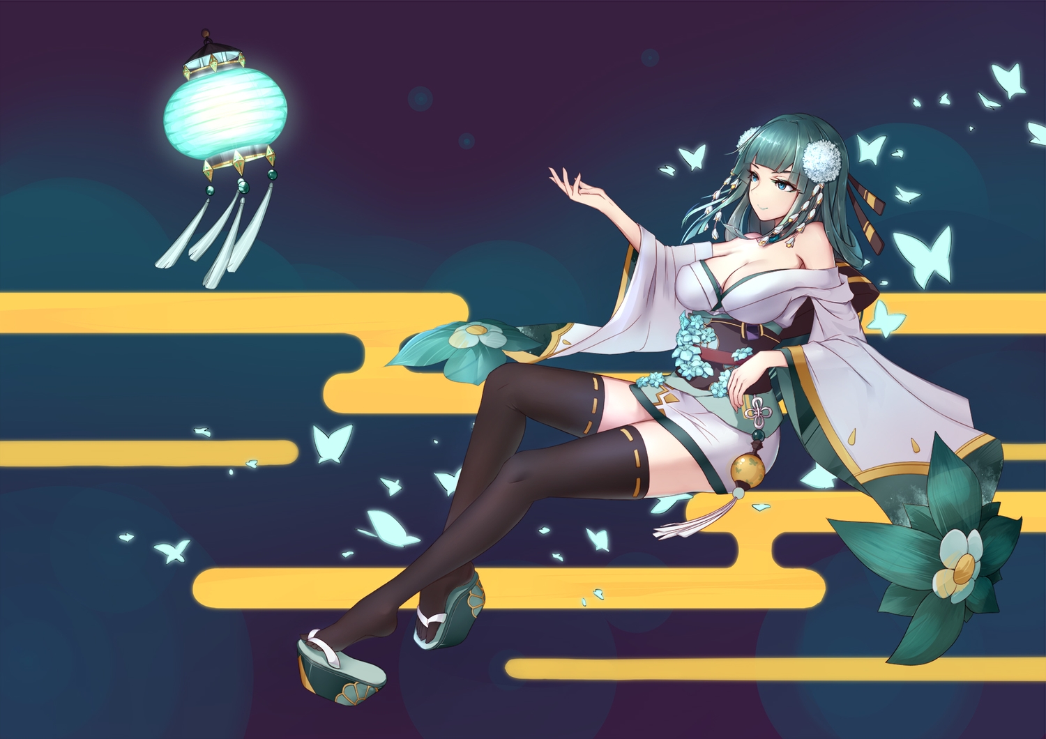 aoandon, aqua_eyes, breasts, butterfly, cleavage, green_hair, headdress, japanese_clothes