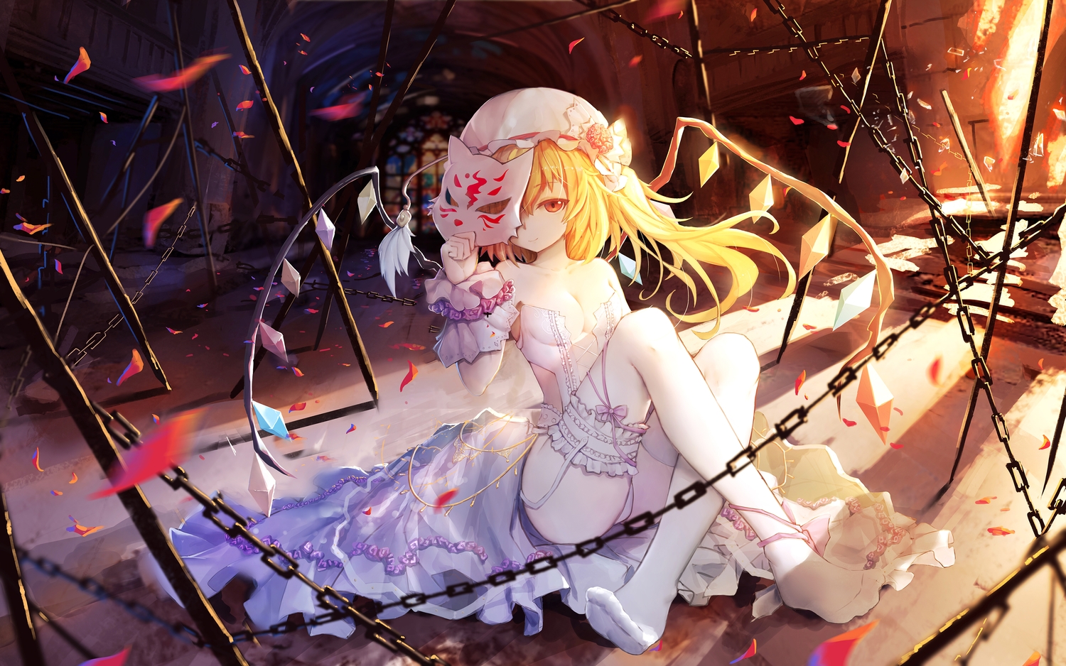 asa_ni_haru, blonde_hair, breasts, chain, cleavage, flandre_scarlet, garter_belt, mask