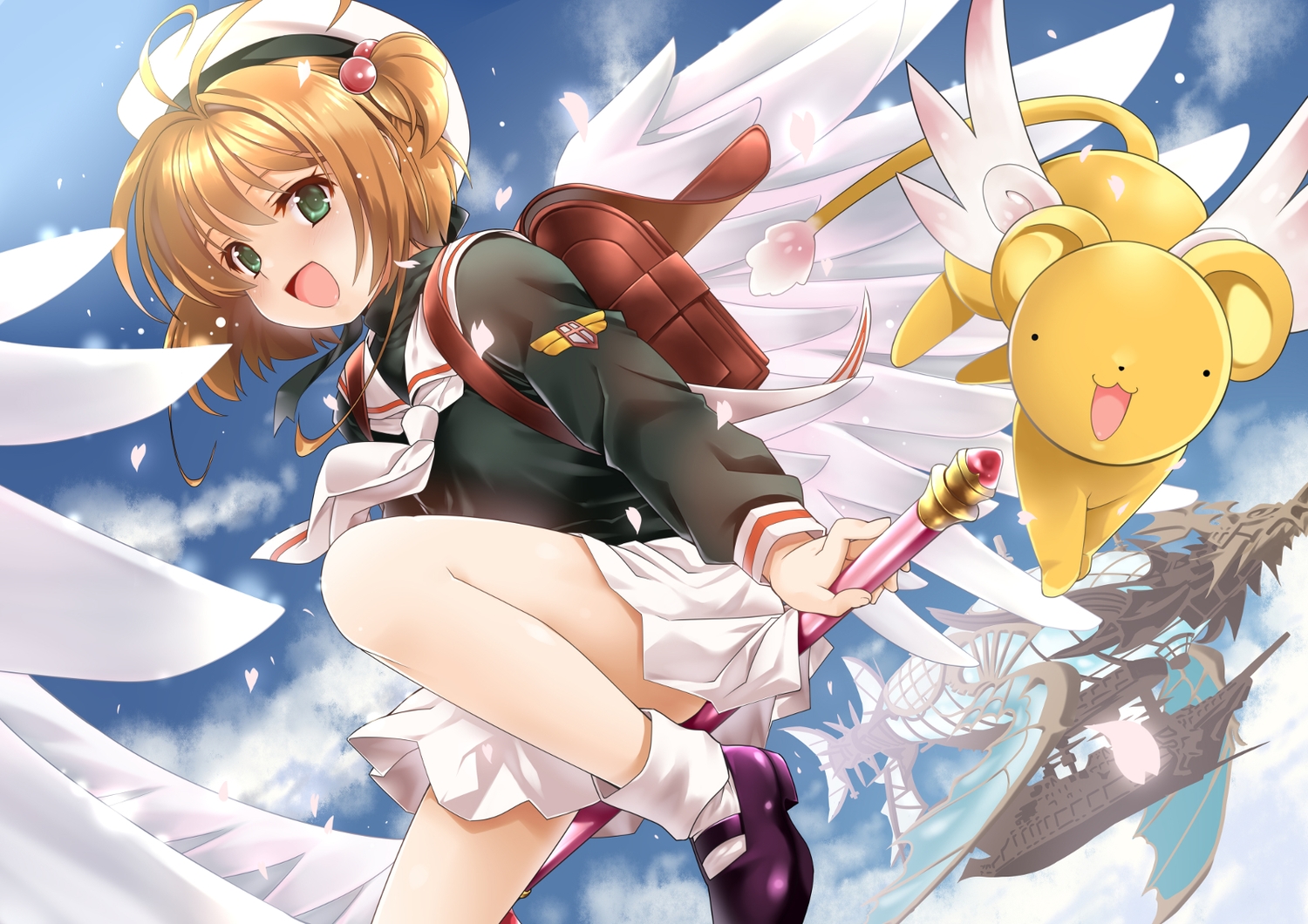 airship, brown_hair, card_captor_sakura, chi_gura-ya, clouds, green_eyes, hat, kero