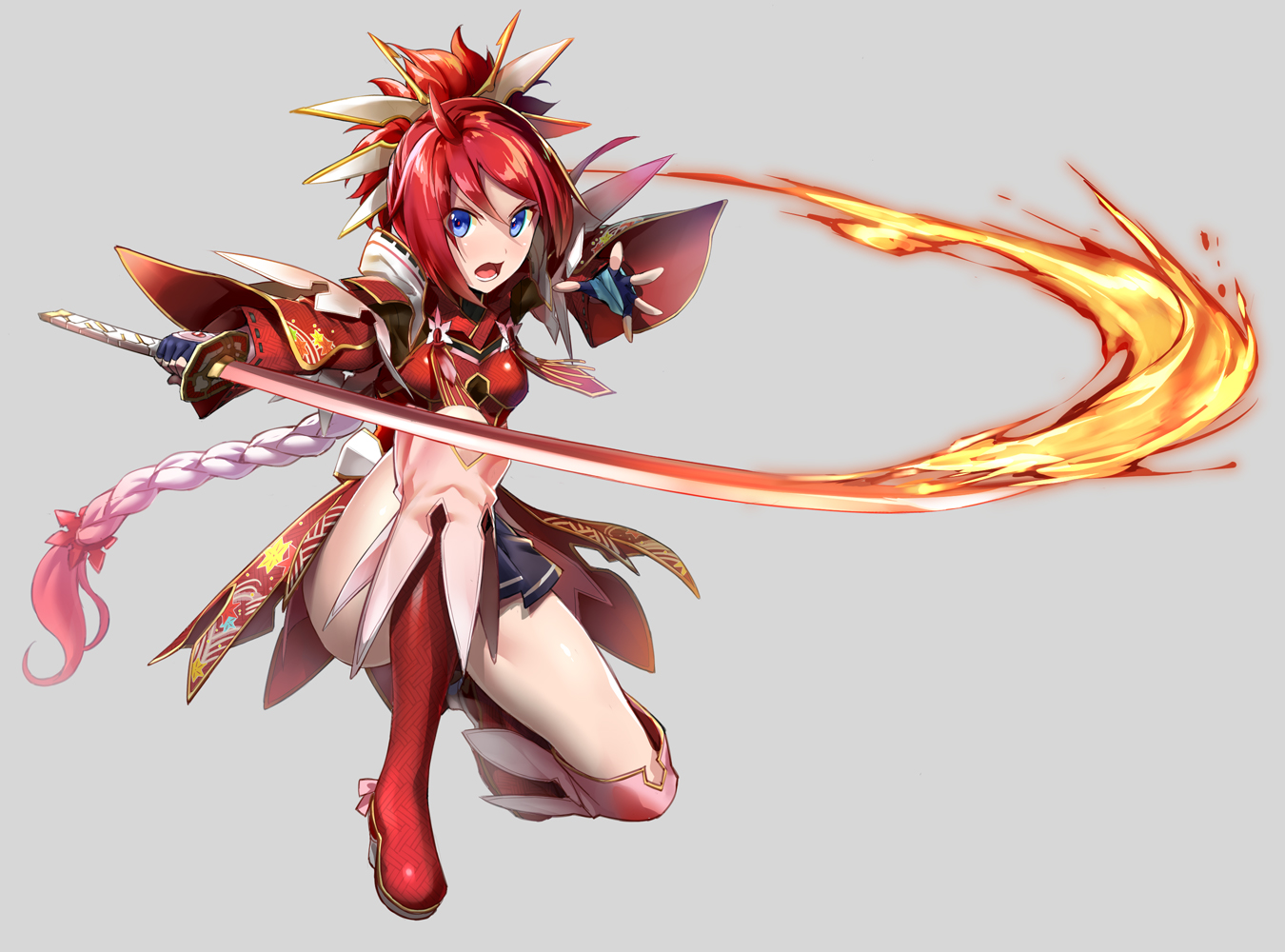 aqua_eyes, boots, braids, chikugen_shiina, fire, gloves, gray, katana, long_hair, phantasy_star, phantasy_star_online, phantasy_star_online_2, red_hair, sword, weapon, yasaka_hitsugi