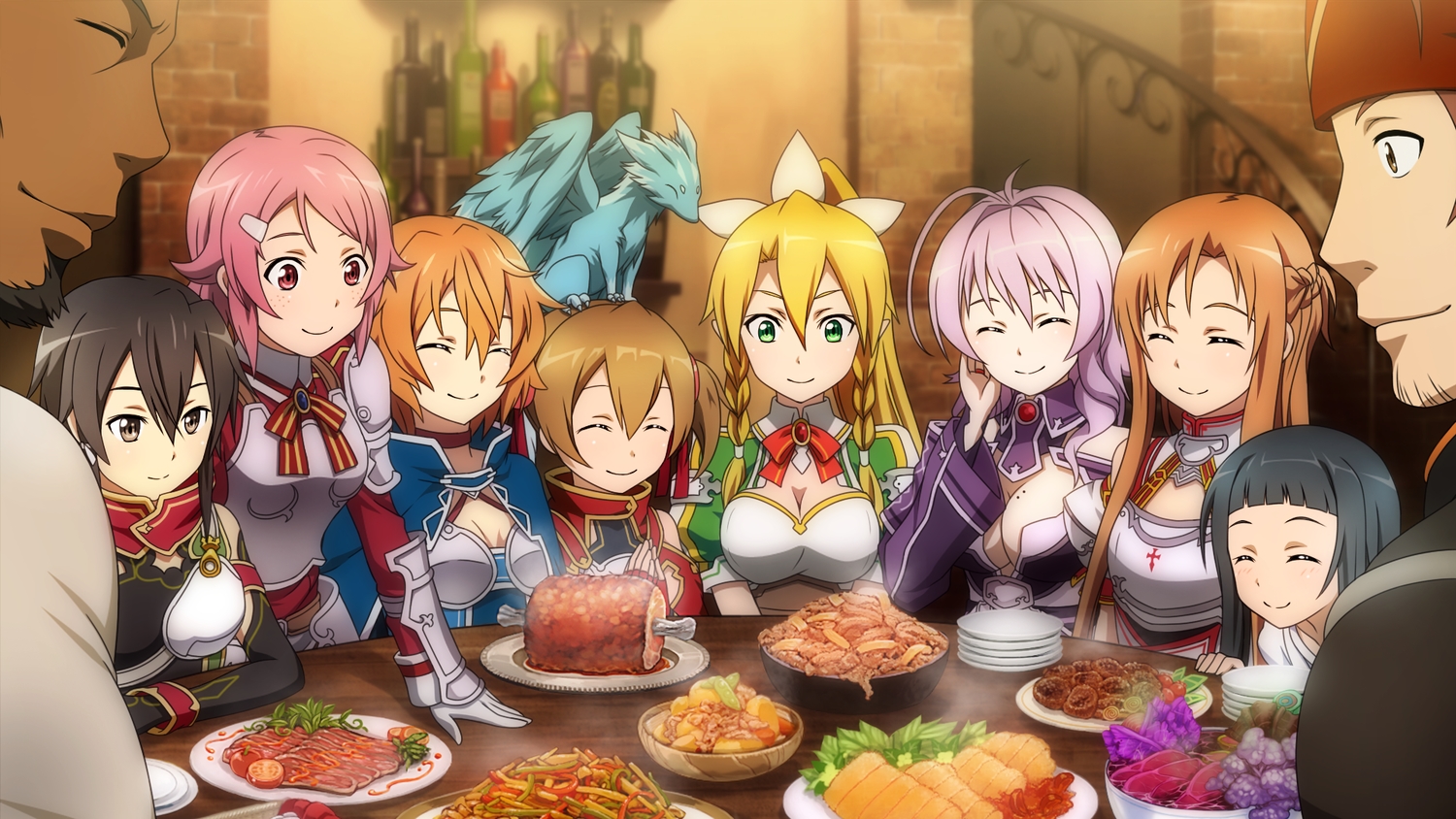 andrew_gilbert_mills, armor, ayano_keiko, black_hair, blonde_hair, braids, breasts, brown_eyes, brown_hair, cleavage, dark_skin, dragon, food, game_cg, gloves, green_eyes, group, kirigaya_suguha, leafa, lisbeth, long_hair, male, pina, pink_eyes, pink_hair, pointed_ears, purple_hair, shinon_(sao), shinozaki_rika, short_hair, strea, sword_art_online, tagme_(artist), tsuboi_ryoutarou, twintails, yui_(sword_art_online), yuuki_asuna