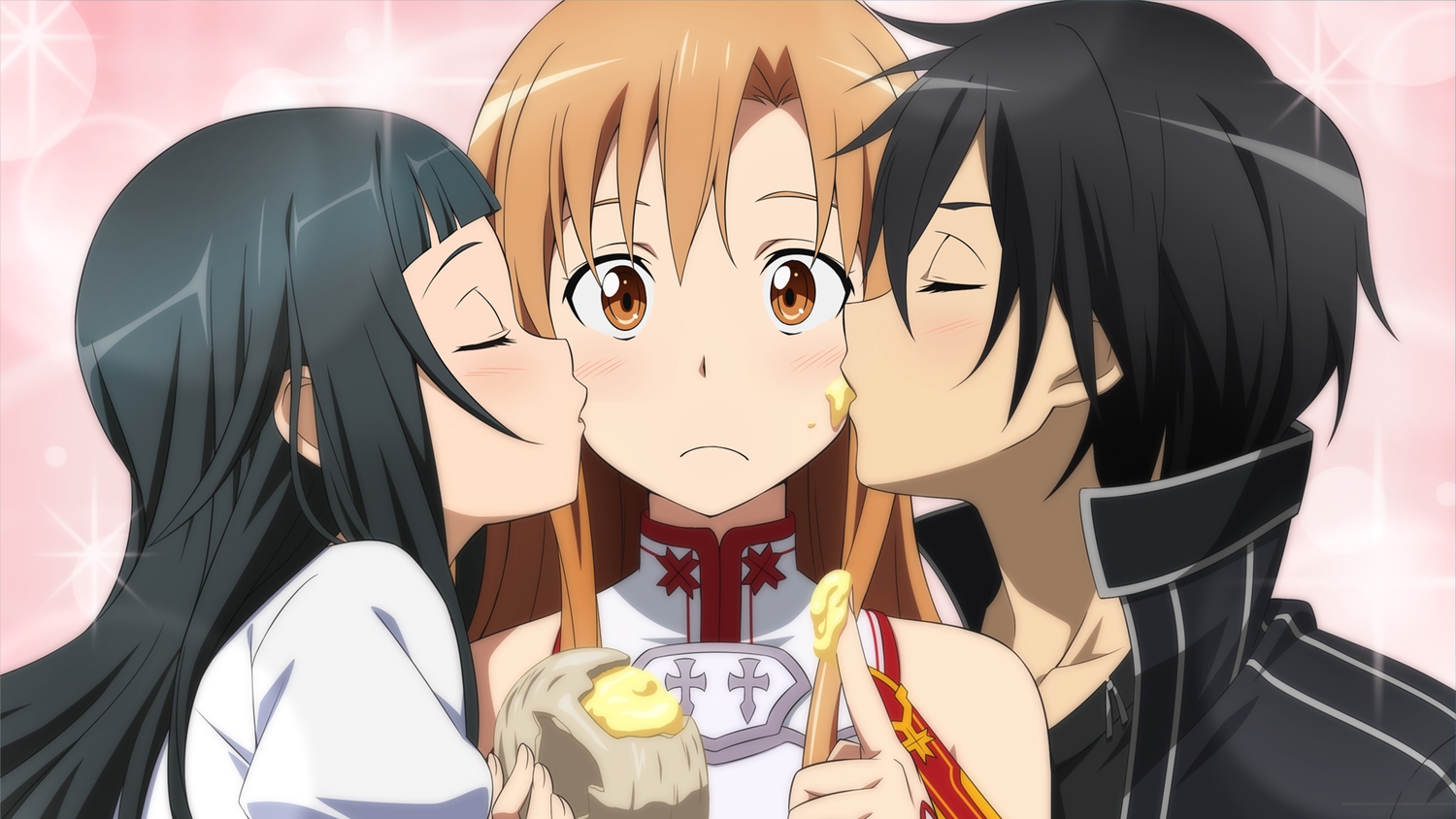 2girls, black_hair, blush, brown_eyes, brown_hair, game_cg, kirigaya_kazuto, loli